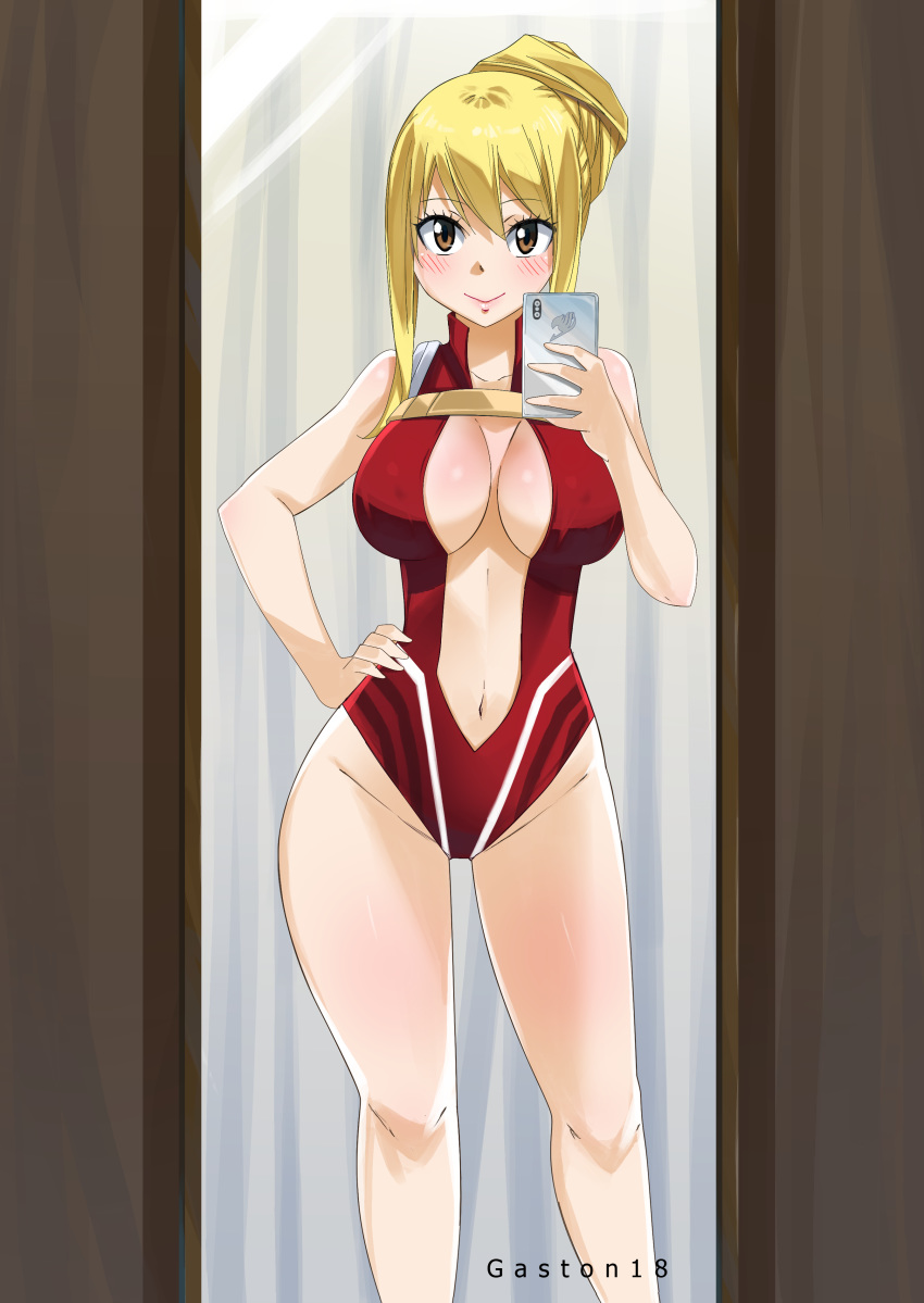 10s 1girl absurdres bangs bare_arms blonde_hair boku_no_hero_academia breasts brown_eyes cellphone center_opening cleavage closed_mouth collarbone collarbones cosplay eyebrows eyebrows_visible_through_hair eyelashes fairy_tail female gaston18 happy highres large_breasts leotard long_hair looking_at_viewer lucy_heartfilia mirror navel no_bra phone self_shot shiny shiny_skin smartphone smile solo standing thigh_gap very_long_hair yaoyorozu_momo yaoyorozu_momo_(cosplay)