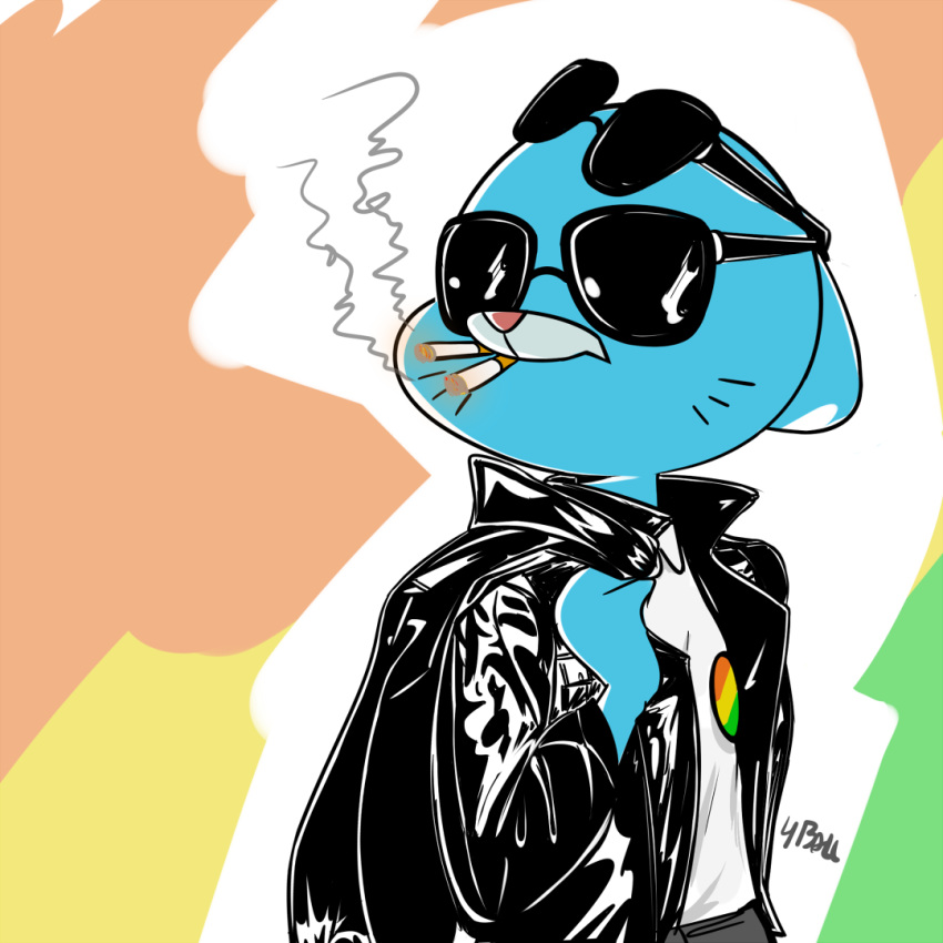 anthro blue_fur cartoon_network clothing domestic_cat eyewear felid feline felis female fourball fur jacket leather leather_jacket looking_back mammal mature_female nicole_watterson rainbow_background simple_background smoking sunglasses the_amazing_world_of_gumball