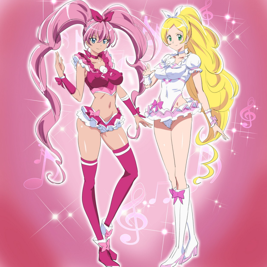 2girls blonde_hair blue_eyes boots breasts choker closed_mouth cure_melody cure_rhythm erect_nipples frilled_skirt frills green_eyes hairband highres houjou_hibiki long_hair looking_at_viewer magical_girl medium_breasts midriff minamino_kanade multiple_girls musical_note navel ontaros pink_background pink_choker pink_footwear pink_hair pink_hairband pink_legwear ponytail precure puffy_short_sleeves puffy_sleeves short_sleeves skirt smile standing suite_precure thighhighs twintails very_long_hair white_choker white_footwear white_hairband wrist_cuffs