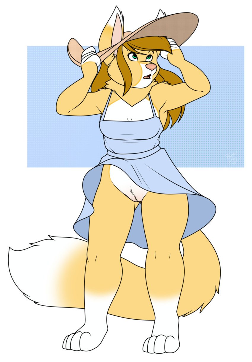 bottomless canid canine clothed clothing dress female fennec flat_colors fox hi_res linda_(asalis) mammal os partially_clothed pussy solo