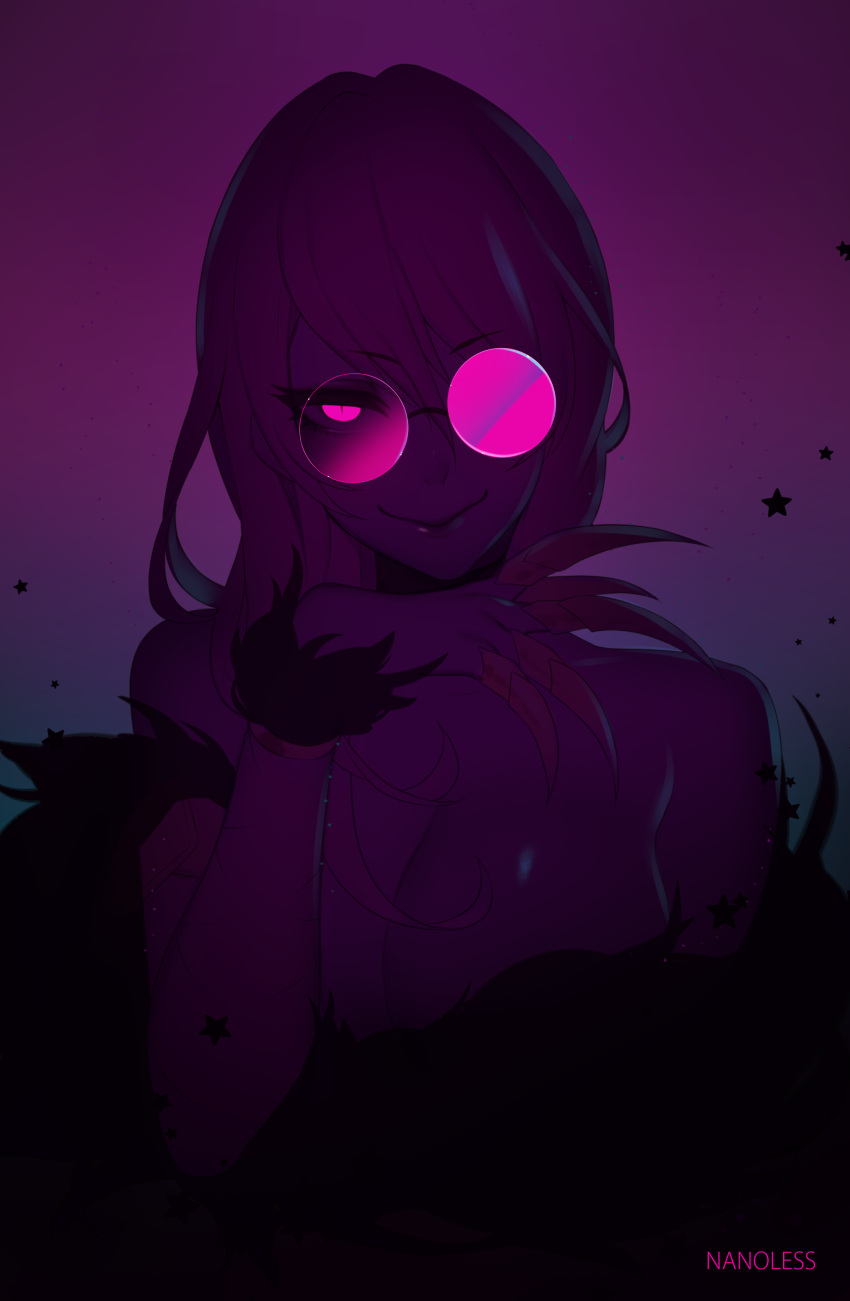 1girl absurdres arm_under_breasts artist_name bangs bare_shoulders breasts claw_(weapon) cleavage closed_mouth collarbone evelynn evil_smile eyebrows_visible_through_hair fur_cuffs glasses gradient gradient_background hair_between_eyes half-closed_eyes hand_up highres idol k/da_(league_of_legends) k/da_evelynn large_breasts league_of_legends lipstick long_hair looking_at_viewer makeup nanoless opaque_glasses paid_reward patreon_reward purple_eyes purple_hair purple_theme rimless_eyewear round_eyewear sidelocks smile solo star starry_background sunglasses topless upper_body weapon