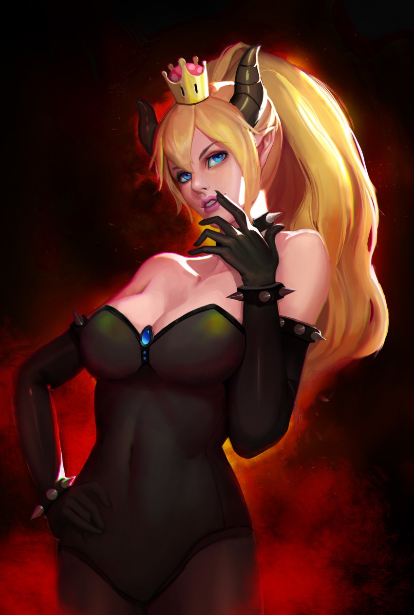 1girl absurdres bare_shoulders black_gloves black_leotard blonde_hair blue_eyes bowsette breasts cleavage crown elbow_gloves gloves highres horns large_breasts leotard lips lipstick long_hair makeup mario_(series) new_super_mario_bros._u_deluxe nintendo parted_lips pointy_ears solo standing super_crown