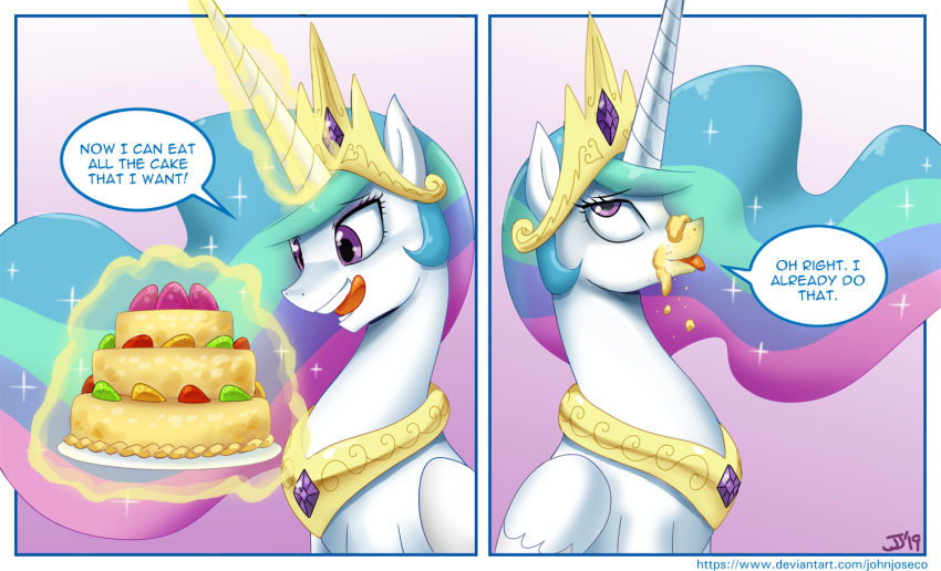 cake comic crown equid food friendship_is_magic horn jewelry john_joseco mammal my_little_pony necklace princess_celestia_(mlp) tiara winged_unicorn wings