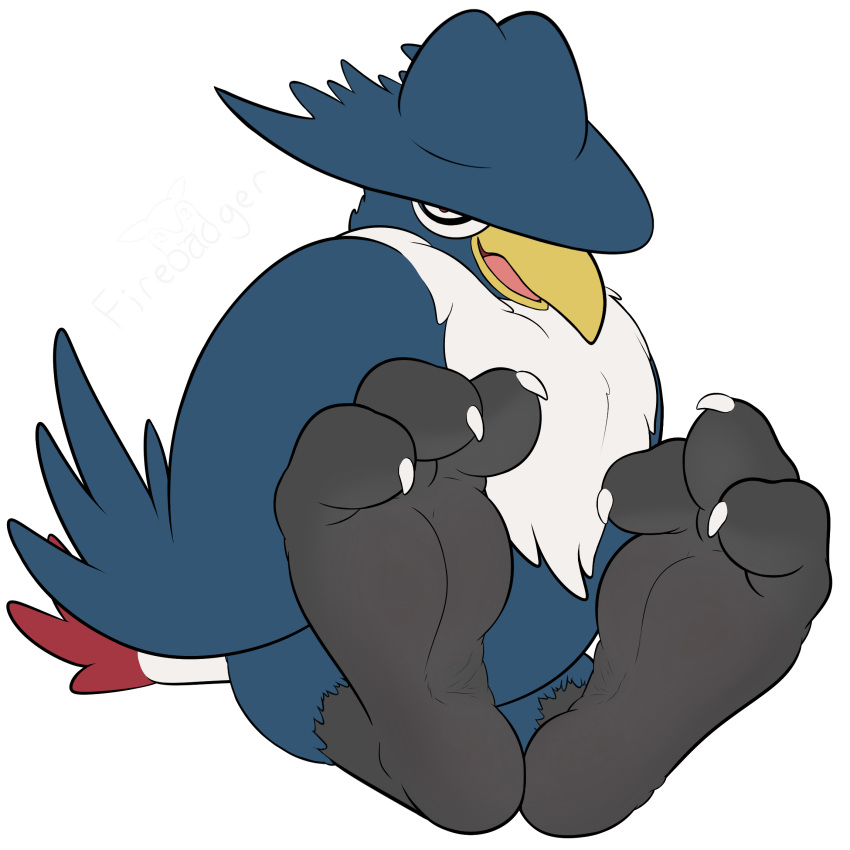 2019 3_toes alpha_channel ambiguous_gender avian barefoot beak biped bird blue_feathers claws digital_media_(artwork) feathered_wings feathers feet feral firebadger foot_focus front_view hi_res honchkrow humanoid_feet looking_at_viewer multicolored_feathers nintendo open_mouth pok&eacute;mon pok&eacute;mon_(species) pseudo_clothing red_feathers signature simple_background sitting smile soles solo tail_feathers toe_claws toes tongue transparent_background video_games white_feathers wings wrinkles yellow_beak