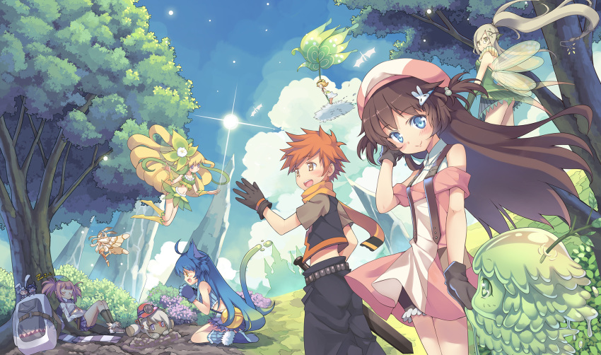 1boy 6+girls :d against_tree ahoge animal_ears antennae backpack backpack_removed bag beret black_gloves blonde_hair blue_eyes blue_hair blue_sky blush blush_stickers boots branch brown_eyes bunny_ears bunny_hair_ornament bush castle cat_ears cat_tail cloud dark_skin day dragon dress eyes_closed fairy fairy_wings fantasy floating floating_hair flower forest gloves goo_girl green_dress green_eyes green_panties ground hair_bobbles hair_flower hair_ornament hairclip hand_holding hand_in_hair hat highres horns kardia_tou_abel kazuzu knee_boots kneehighs leaf leaf_on_head light_brown_hair long_hair long_sleeves looking_at_another midriff minigirl mining_helmet miniskirt monocle monster_girl moth_girl moth_wings multiple_girls nature navel open_mouth orange_eyes orange_scarf outdoors panties pants pantyshot paw_gloves paws pink_dress pink_hair profile purple_eyes scarf short_dress short_sleeves side_ponytail silver_hair sitting skirt sky sleeping sleeveless smile standing tail tree twintails two_side_up underwear very_long_hair wariza wings wrist_cuffs yellow_eyes zzz