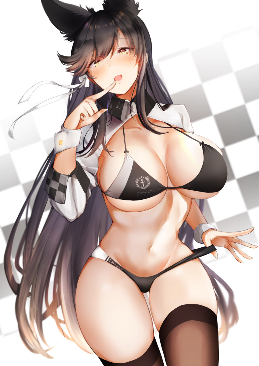 1girl absurdres alternate_costume animal_ears arm_support arms_at_sides ass atago_(azur_lane) azur_lane bangs bikini bikini_tug black_bikini black_hair black_legwear blush breasts brown_eyes clothes_writing commentary_request cowboy_shot curvy extra_ears eyebrows_visible_through_hair finger_to_mouth groin hair_ribbon highres holding jacket large_breasts long_hair looking_at_viewer mole mole_under_eye navel no_shoes open_clothes open_mouth pnatsu pumps race_queen ribbon shrug_(clothing) simple_background sitting skindentation smile solo stomach swept_bangs swimsuit thighhighs white_background white_footwear white_ribbon wrist_cuffs