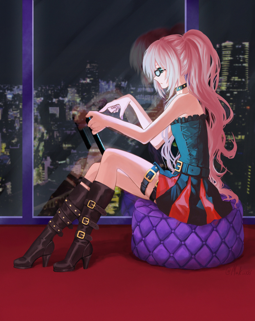 1boy absurdres bare_shoulders black_footwear boots choker crossdressing gatchaman_crowds glasses green_eyes high_heel_boots high_heels highres huge_filesize long_hair makii155 male_focus ninomiya_rui pink_hair skirt solo thigh_strap trap very_long_hair