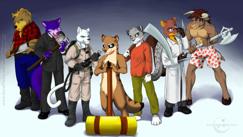 16:9 abluedeer axe bovid bovine canid canine cattle felid feline fur ghostbusters hammer licking_weapon lumberjack male mammal melee_weapon mustela mustelid musteline pantherine purple_fur scientist snow_leopard tools ursid weapon