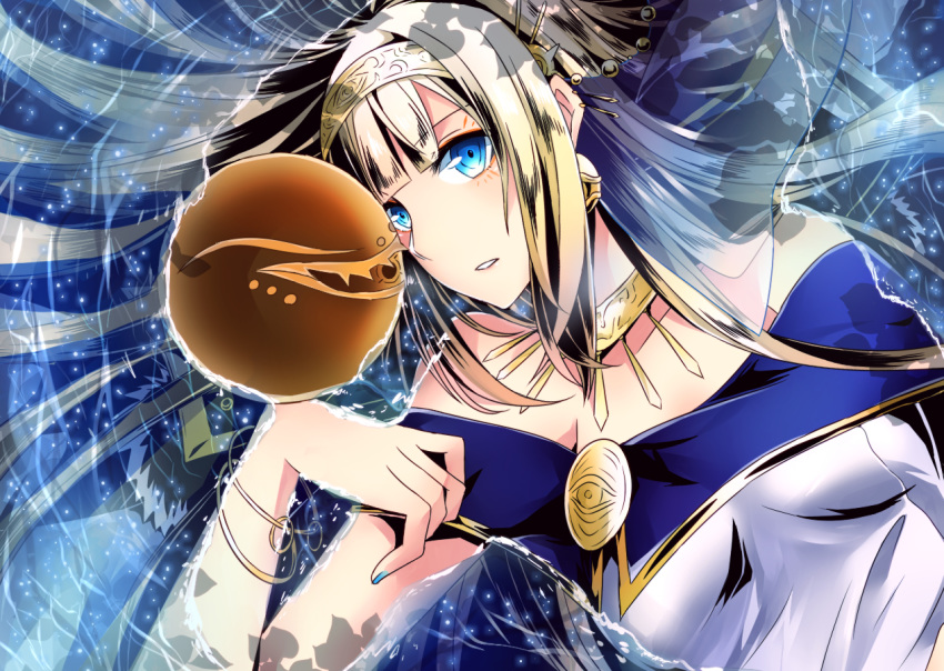 1girl bangs blonde_hair blue_eyes blue_nails bracelet breasts collarbone corset divine_gate floating_hair from_above getsuyoubi hairband jewelry long_hair lying medium_breasts nail_polish on_back parted_lips sleeveless solo upper_body very_long_hair water yellow_hairband