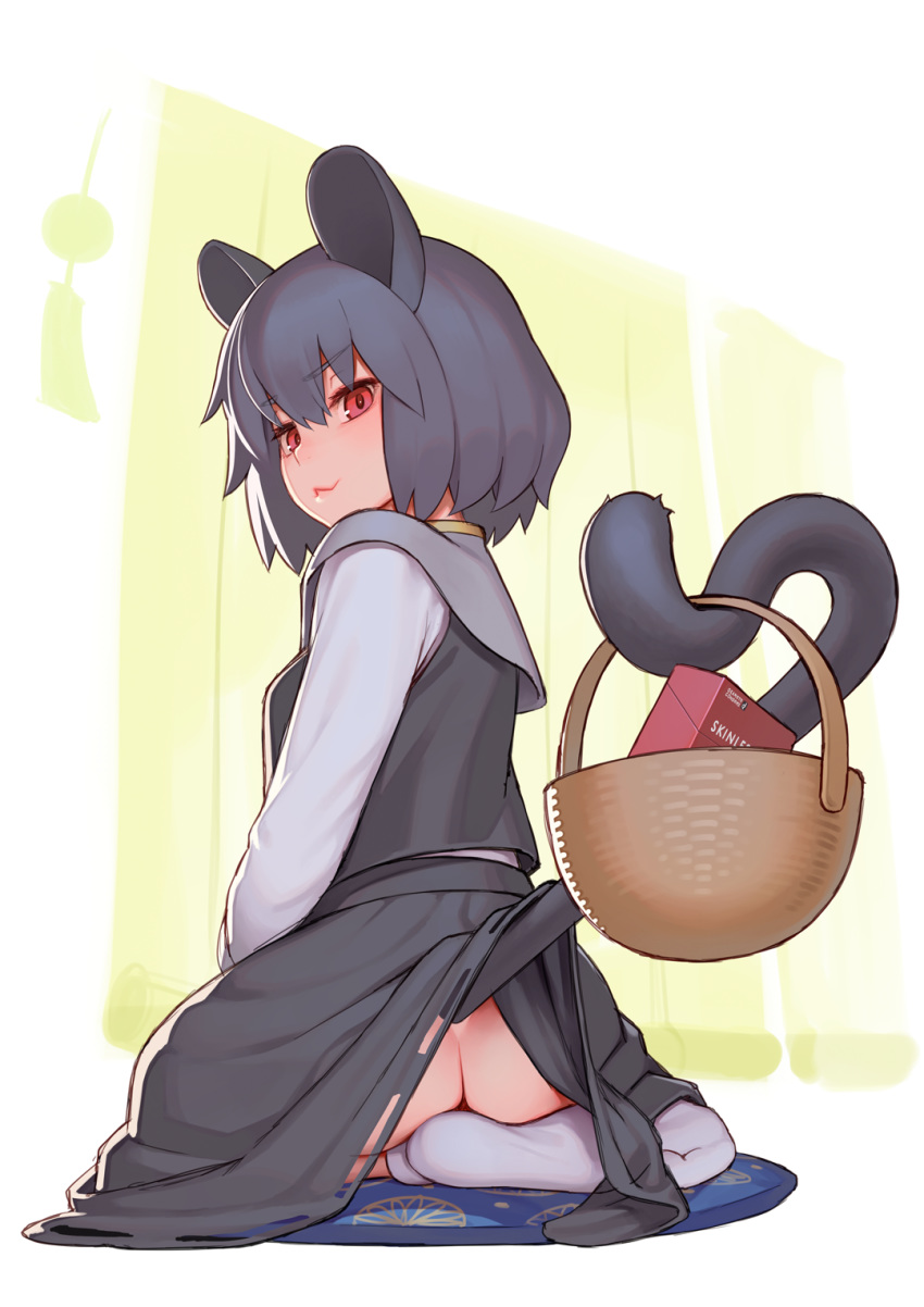 1girl :3 animal_ears ass basket capelet commentary_request condom_box eyebrows_visible_through_hair from_behind full_body go_robots grey_hair hair_between_eyes highres lifted_by_self looking_at_viewer looking_back mouse_ears mouse_tail nazrin no_panties red_eyes short_hair sitting skirt skirt_lift skirt_set solo tail touhou