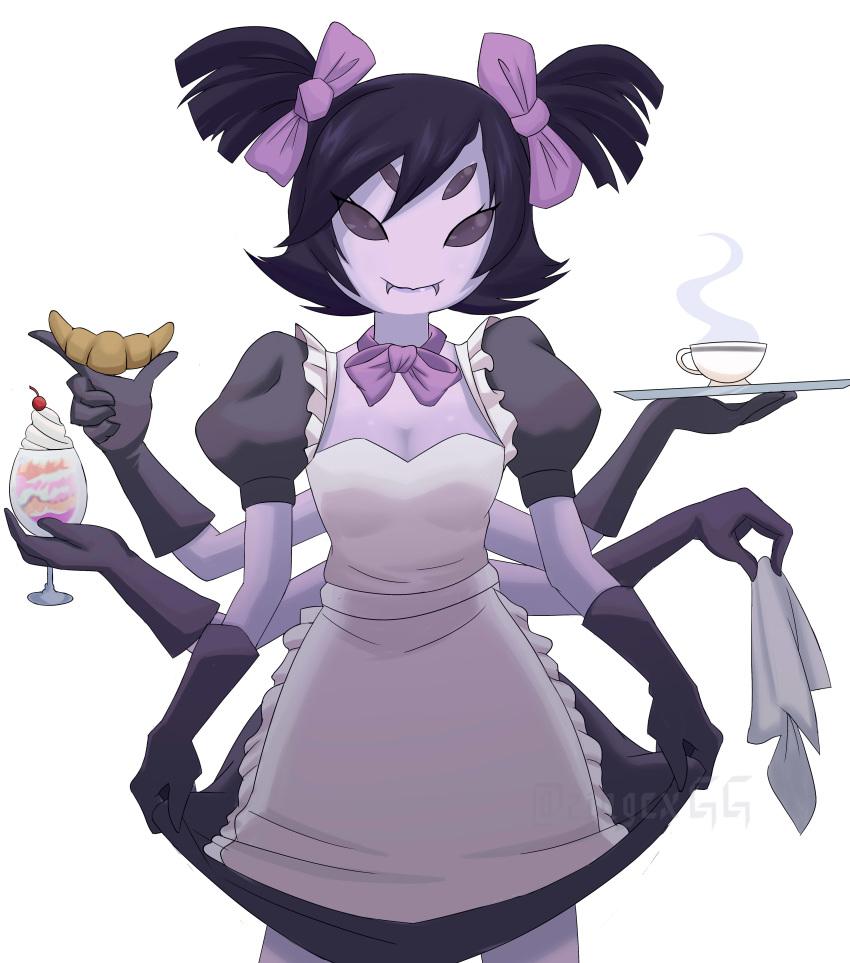 1girl absurdres apron bow extra_arms extra_eyes fangs food highres ice_cream insect_girl maid maid_headdress maid_outfit muffet purple_skin ribbon skirt spider_girl tea teapot twintails undertale