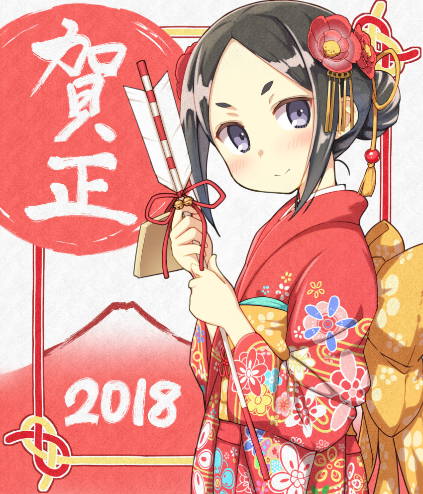 1girl 2018 arrow back_bow bangs bell black_hair blush bow brown_bow chihaya_72 ema floral_print flower forehead hair_bun hair_flower hair_ornament hamaya hands_up highres holding_arrow japanese_clothes jingle_bell kimono long_sleeves looking_at_viewer looking_to_the_side obi parted_bangs princess_principal print_kimono purple_eyes red_flower red_kimono red_ribbon ribbon sash short_eyebrows sidelocks solo thick_eyebrows toudou_chise wide_sleeves