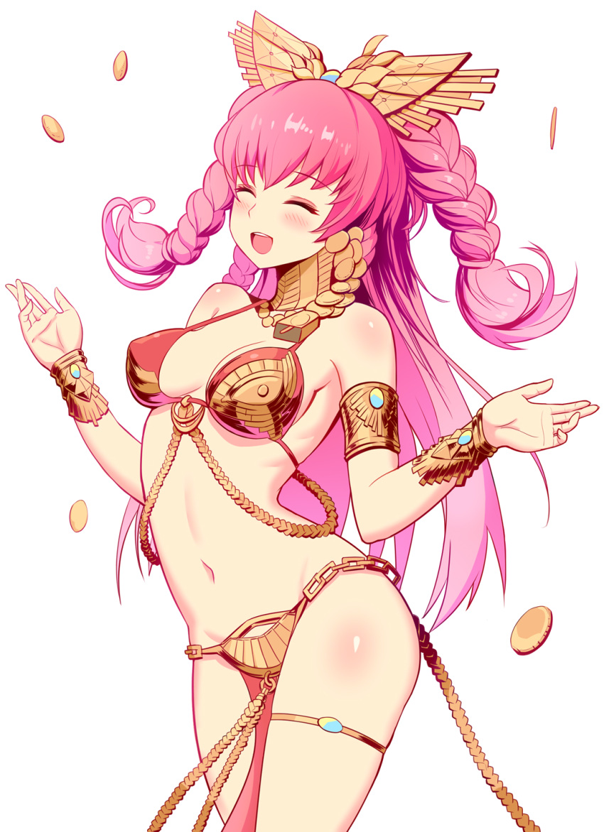 1girl :d ^_^ aaeru armlet bare_shoulders blush bracelet braid breasts cleavage closed_eyes commentary_request contrapposto cowboy_shot destiny_child erect_nipples eyes_closed facing_viewer floating_hair groin hair_ornament highres jewelry long_hair medium_breasts navel open_mouth pelvic_curtain pink_hair red_bikini_top simple_background smile solo standing stomach thighs twin_braids very_long_hair white_background