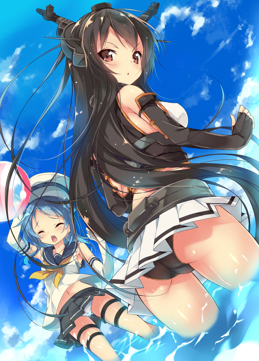 ass kantai_collection mayuzaki_yuu nagato_(kancolle) pantsu skirt_lift urakaze_(kancolle)