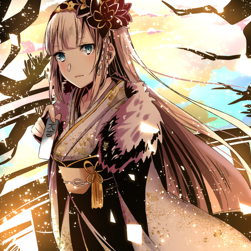 1girl bangs black_flower blonde_hair blue_eyes collarbone divine_gate floating_hair flower fur-trimmed_kimono fur_trim getsuyoubi hair_flower hair_ornament highres japanese_clothes kimono long_hair looking_at_viewer obi sash solo standing very_long_hair yukata