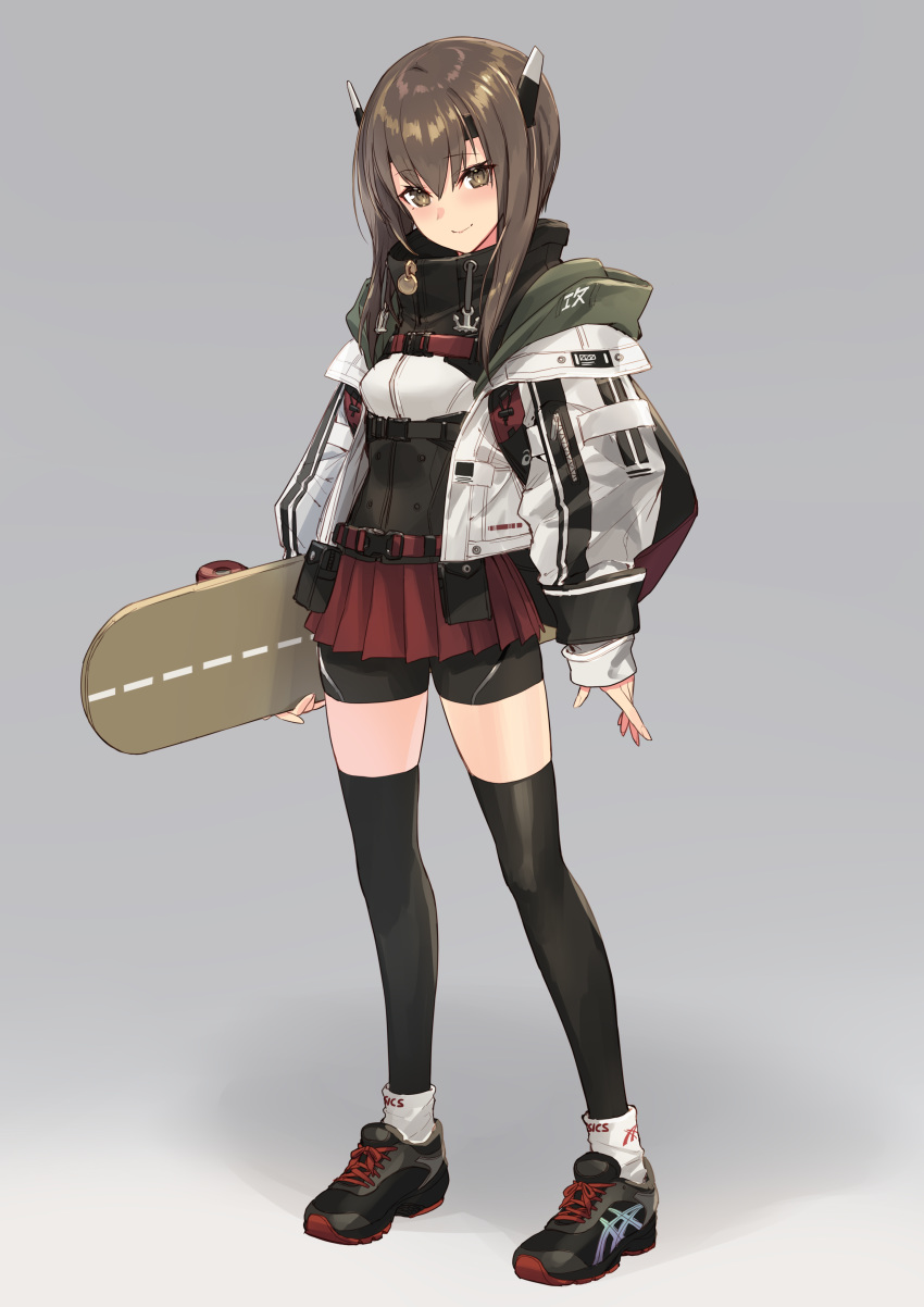 1girl absurdres adapted_costume asics backpack bag bangs bike_shorts black_legwear blush brown_eyes brown_hair closed_mouth commentary_request corset eyebrows_visible_through_hair full_body grey_background hair_between_eyes headgear highres holding holding_skateboard jacket kantai_collection looking_at_viewer shoes short_hair sigm@ simple_background skateboard skirt smile sneakers socks socks_over_thighhighs solo standing taihou_(kantai_collection) thighhighs white_jacket zettai_ryouiki