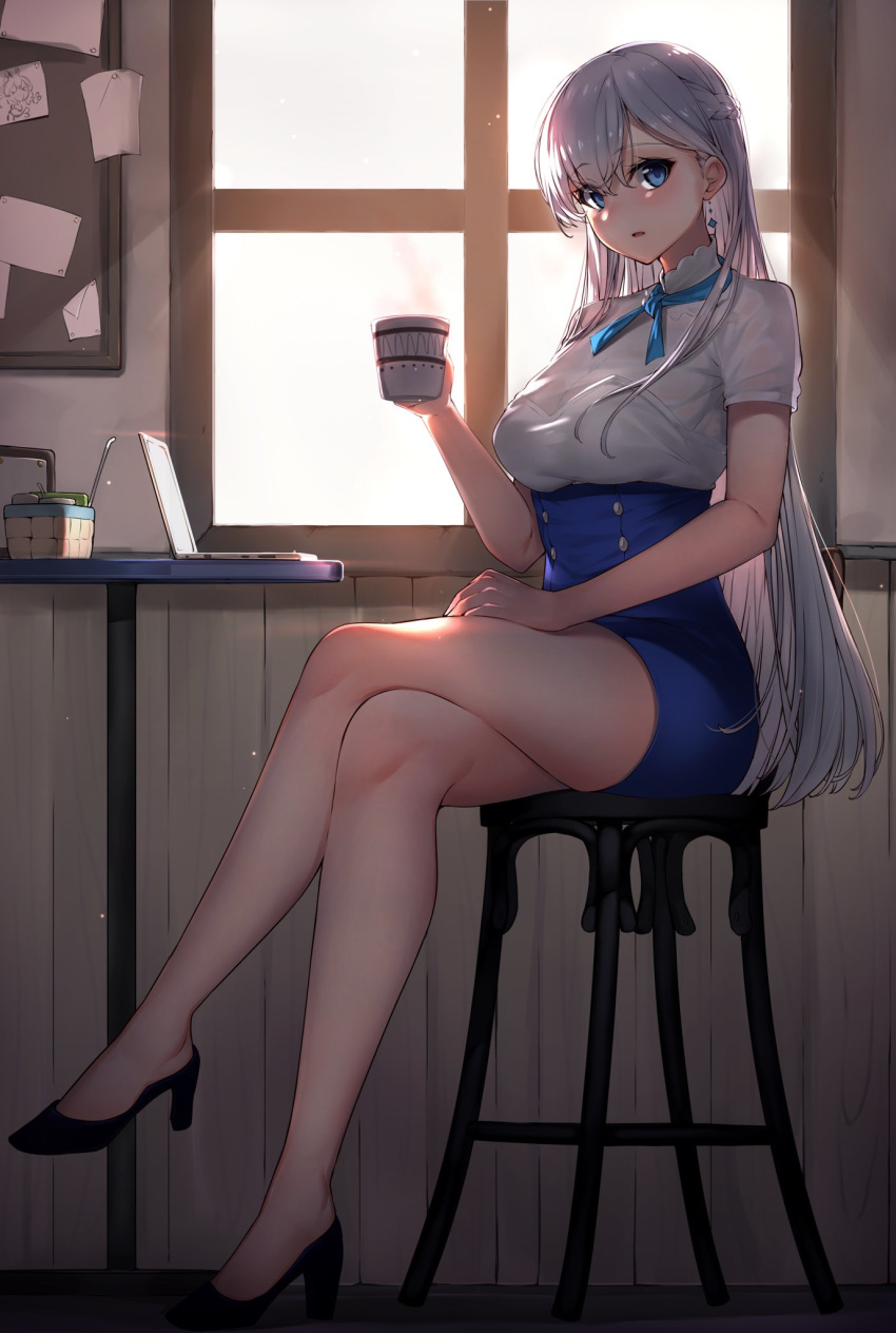 1girl azur_lane bangs belfast_(azur_lane) blouse blue_eyes blue_footwear blue_ribbon blue_skirt blush braid breasts casual computer cup day earrings eyebrows_visible_through_hair hair_between_eyes hand_on_own_thigh high-waist_skirt high_heels highres holding holding_cup indoors jewelry laptop large_breasts legs_crossed long_hair looking_at_viewer neck_ribbon ribbon short_sleeves sidelocks sitting skirt solo stool table thighs white_blouse window yamanokami_eaka
