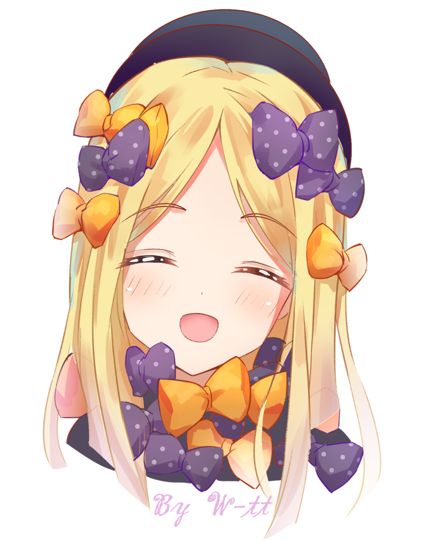 1girl :d abigail_williams_(fate/grand_order) absurdres artist_name bangs black_bow black_headwear black_neckwear blonde_hair blush bow commentary_request eyebrows_visible_through_hair eyes_closed face fate/grand_order fate_(series) happy hat highres looking_at_viewer multiple_boys open_mouth orange_bow orange_neckwear parted_bangs polka_dot polka_dot_bow simple_background smile solo w-t white_background