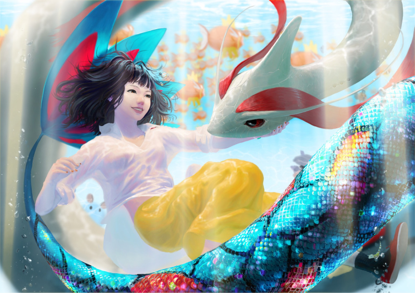 ambiguous_gender clothing dekunobou-kizakura duo_focus female group hi_res human magikarp mammal milotic multicolored_scales nintendo pok&eacute;mon pok&eacute;mon_(species) realistic scales shirt smile translucent transparent_clothing underwater video_games water wet_shirt white_skin