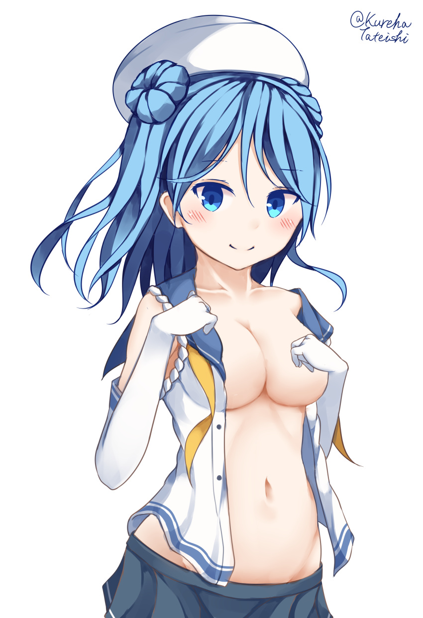 1girl absurdres bangs beret blue_eyes blue_hair blue_sailor_collar blue_skirt blush breasts cleavage closed_mouth collarbone commentary_request double_bun elbow_gloves eyebrows_visible_through_hair gloves groin hair_between_eyes hamayuu_(litore) hands_up hat highres kantai_collection long_hair medium_breasts navel neckerchief open_clothes open_shirt pleated_skirt sailor_collar school_uniform serafuku shirt signature simple_background skirt sleeveless sleeveless_shirt smile solo undone_neckerchief urakaze_(kantai_collection) white_background white_gloves white_headwear white_shirt yellow_neckwear