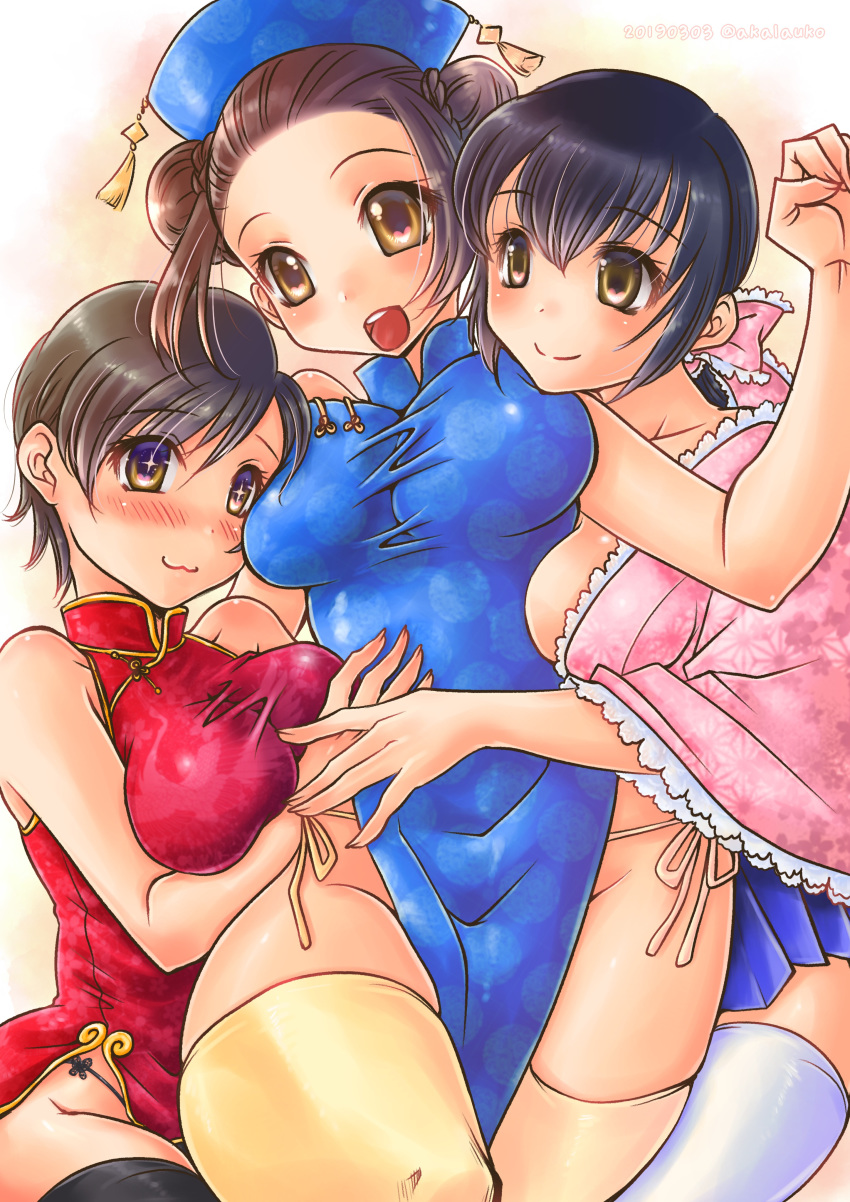 +_+ 3girls :3 absurdres alternate_costume bangs black_hair black_legwear black_panties blue_skirt bow breast_press breasts brown_eyes brown_hair china_dress chinese_clothes commentary_request double_bun dress eileen_(virtua_fighter) girl_sandwich group_picture hair_bow hat heart heart-shaped_pupils highleg highleg_dress highres ikeda_tsukasa large_breasts long_hair low-cut medium_breasts microdress miniskirt multiple_girls pai_chan panties pelvic_curtain pink_bow pleated_skirt red_dress sandwiched short_hair side-tie_panties skirt sleeveless sleeveless_dress symbol-shaped_pupils taut_clothes taut_dress thick_thighs thighhighs thighs umenokouji_aoi unaligned_breasts underwear virtua_fighter white_legwear yellow_legwear yellow_panties zettai_ryouiki
