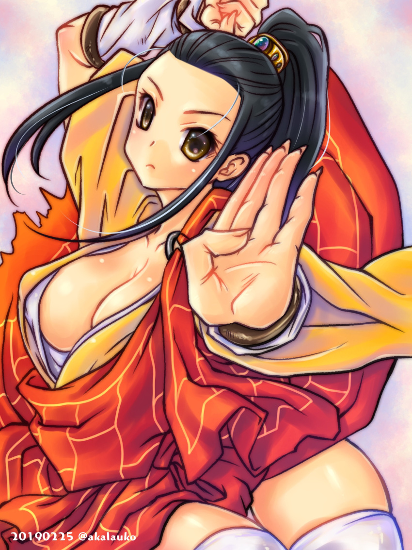 1girl :c black_hair breasts brown_eyes cleavage clenched_hand commentary_request fighting_stance forehead genderswap genderswap_(mtf) hair_tubes highres ikeda_tsukasa large_breasts lei-fei long_hair looking_at_viewer ponytail shaolin_monk shawl sidelocks solo thick_thighs thighhighs thighs virtua_fighter white_legwear