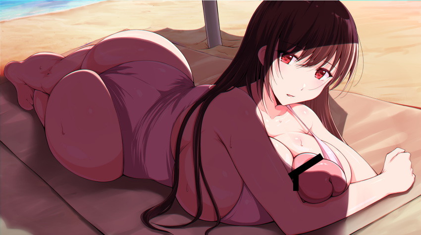 1girl ass autopaizuri beach breasts brown_hair censored cleavage curvy eyebrows_visible_through_hair futanari heart heart-shaped_pupils highres hiiaru huge_ass huge_breasts huge_penis legs_crossed long_hair looking_at_viewer lying on_stomach original penis red_eyes shiny shiny_skin solo sweat swimsuit symbol-shaped_pupils towel wide_hips