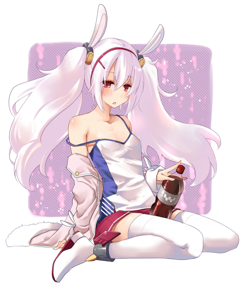 1girl animal_ears azur_lane bangs blush bottle bunny_ears camisole cola commentary_request eyebrows_visible_through_hair full_body fur-trimmed_jacket fur_trim hair_between_eyes hair_ornament hairband highres jacket laffey_(azur_lane) long_hair long_sleeves looking_at_viewer off_shoulder open_clothes open_jacket parted_lips pink_jacket pleated_skirt red_eyes red_hairband red_skirt shoes sitting skirt sleeves_past_wrists soda_bottle solo strap_slip theta_(ponkotsu_works) thighhighs twintails very_long_hair wariza white_camisole white_footwear white_hair white_legwear