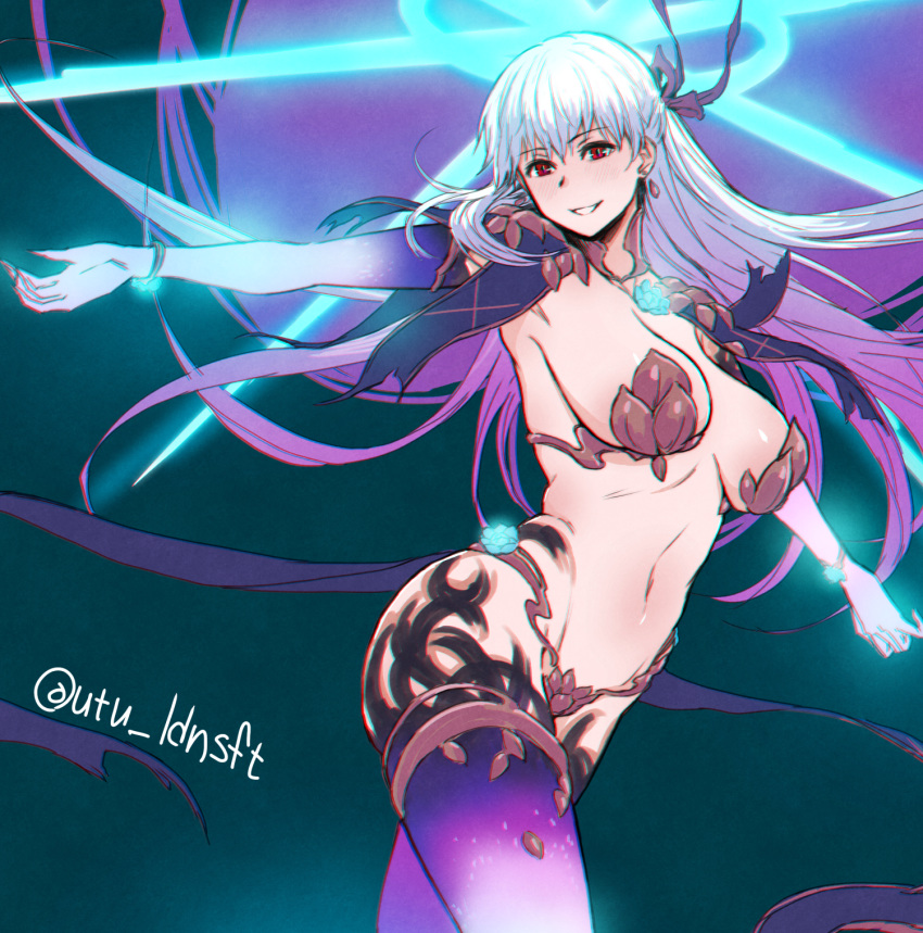 1girl blush breasts earrings elbow_gloves fate/grand_order fate_(series) gloves glowing grin hair_ribbon halo highres jewelry kama_(fate/grand_order) long_hair purple_gloves purple_hair purple_legwear red_eyes revealing_clothes ribbon smile solo thighhighs twitter_username utu_(ldnsft)