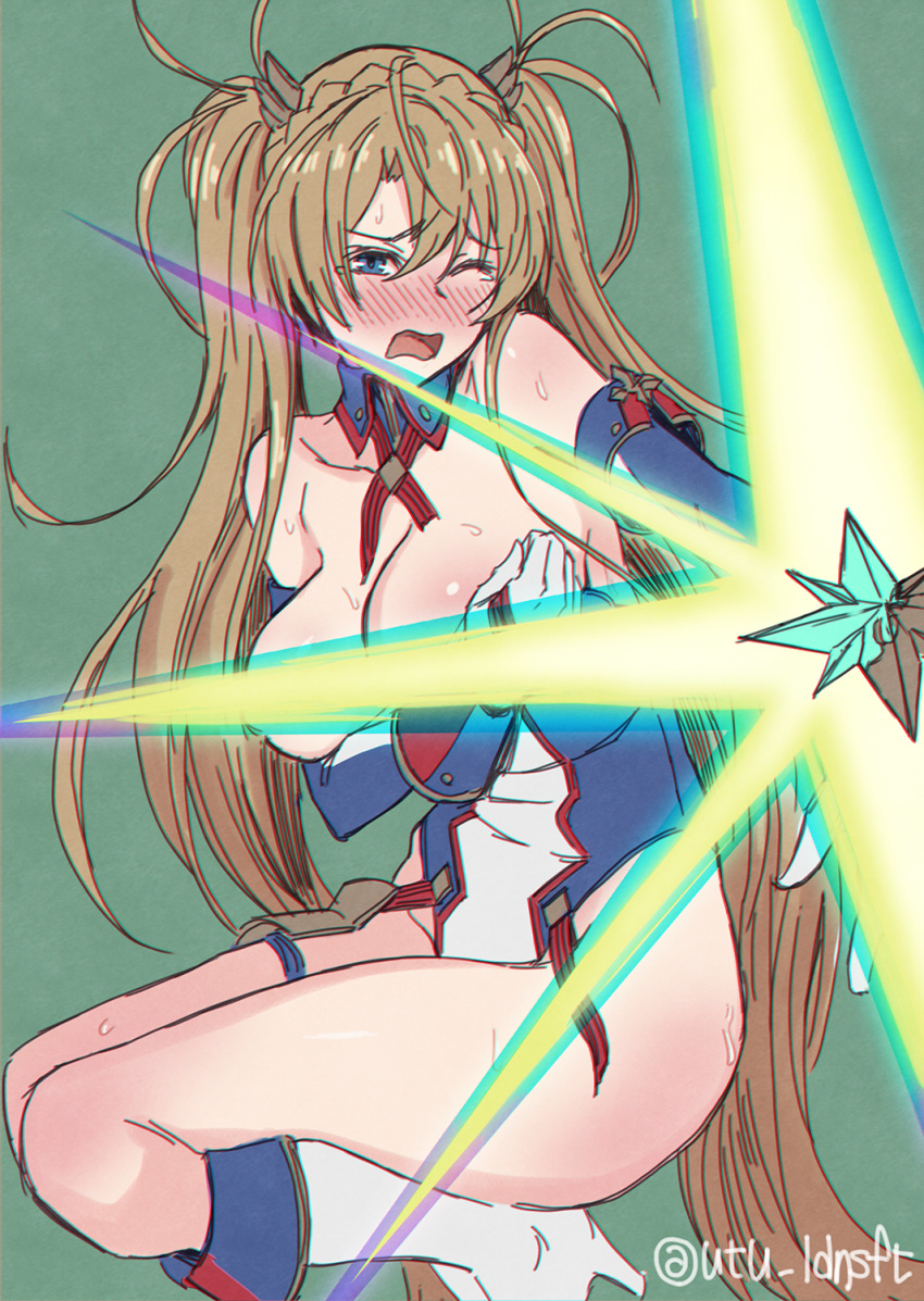 1girl ;o ass bare_shoulders blonde_hair blue_eyes boots bradamante_(fate/grand_order) breasts cleavage convenient_censoring covering covering_breasts elbow_gloves fate/grand_order fate_(series) gloves green_background high_heels highres leotard light_censor long_hair looking_at_viewer one_eye_closed shield simple_background solo squatting sweat tears twintails utu_(ldnsft) very_long_hair