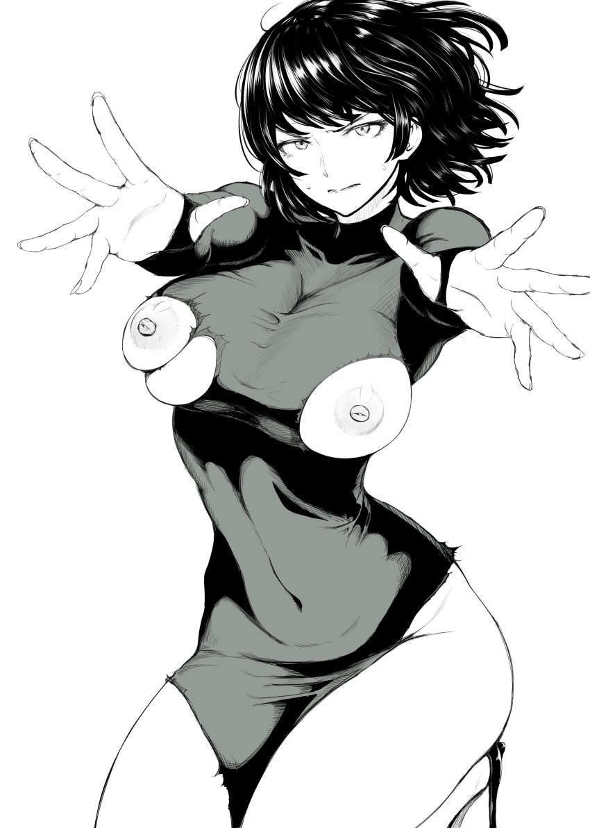 1girl absurdres ao_madoushi bangs black_dress black_hair breasts closed_mouth dress fubuki_(one-punch_man) greyscale high_heels highres large_breasts looking_at_viewer monochrome nipples one-punch_man outstretched_arms seiza short_hair side_slit sitting sweatdrop thighs torn_clothes torn_dress