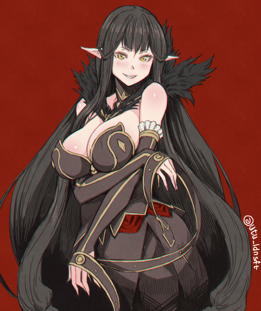 1girl bare_shoulders black_hair blush breasts cleavage detached_sleeves dress fate/apocrypha fate_(series) fur_trim grin highres long_hair pointy_ears red_background semiramis_(fate) simple_background sleeves_past_wrists smile solo utu_(ldnsft) very_long_hair yellow_eyes