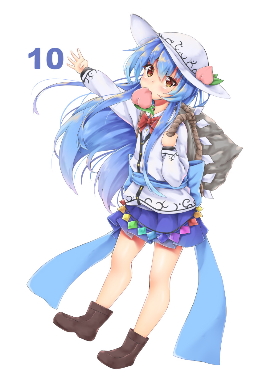 1girl absurdres adapted_costume akiteru98 arm_up bangs blue_hair blue_sash blue_skirt boots bow bowtie brown_footwear cardigan commentary eyebrows_visible_through_hair food fruit full_body hair_between_eyes head_tilt highres hinanawi_tenshi jacket keystone leaf long_hair long_sleeves looking_at_viewer miniskirt mouth_hold peach pleated_skirt red_bow red_eyes red_neckwear rope sash shirt sidelocks simple_background skirt solo thighs touhou very_long_hair white_background white_headwear white_jacket white_shirt