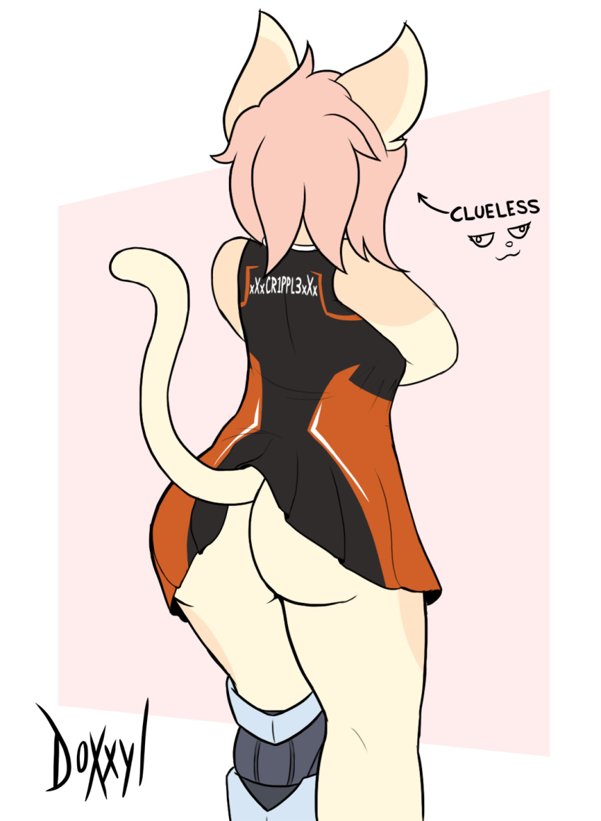 anthro big_butt bottomless butt capri clothed clothing doxxyl dress felid feline fur hair hi_res mammal pink_hair prosthetic prosthetic_leg simple_background slightly_chubby tan_fur thick_thighs voluptuous wardrobe_malfunction