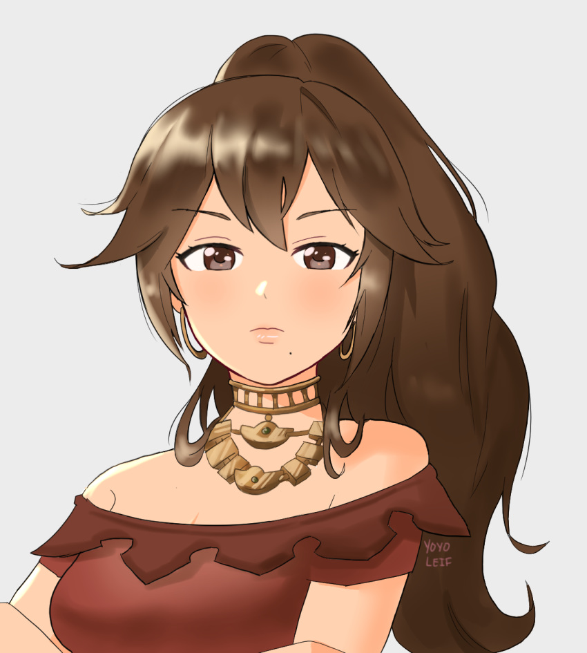 1girl artist_name bare_shoulders breasts brown_eyes brown_hair cleavage cosplay dress earrings ganaha_hibiki highres hoop_earrings idolmaster idolmaster_cinderella_girls jewelry long_hair looking_at_viewer medium_breasts mole mole_under_mouth necklace octopath_traveler ponytail primrose_azelhart primrose_azelhart_(cosplay) red_dress short_sleeves simple_background solo upper_body yoyoleif