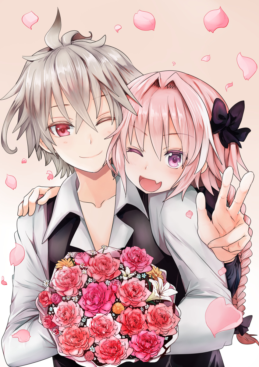 2boys :d ahoge astolfo_(fate) bangs black_bow blush bow braid collarbone commentary_request eyebrows_visible_through_hair fate_(series) flower hair_between_eyes hair_bow hair_intakes hand_on_shoulder head_on_shoulder highres holding holding_flower kakan_(amka) long_braid long_hair long_sleeves looking_at_viewer male_focus medium_hair multiple_boys one_eye_closed open_mouth pink_flower red_eyes red_flower shirt sieg_(fate/apocrypha) single_braid skin_fang smile trap w