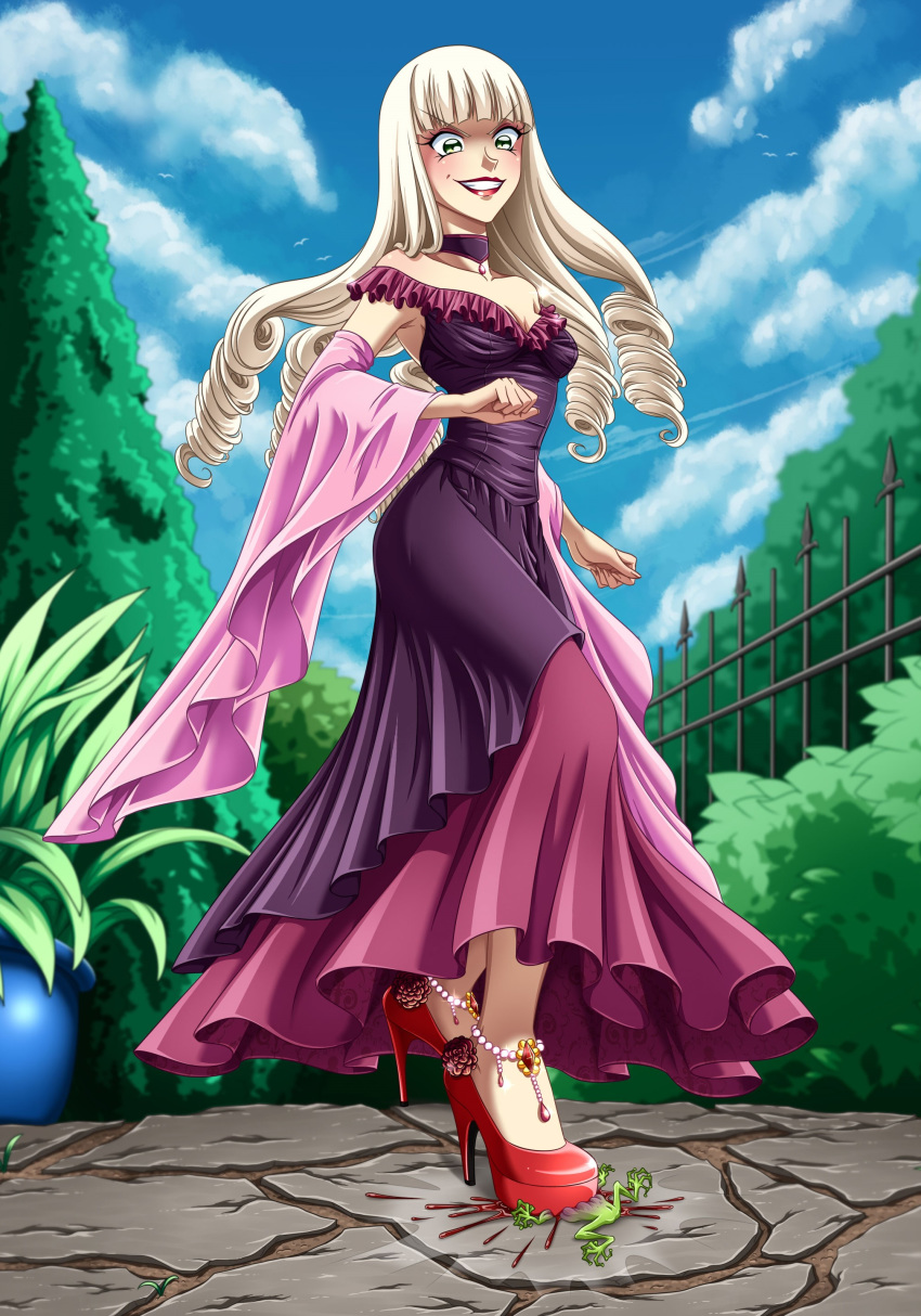1_girl absurdres blonde_hair blood blue_sky choker crushing dead dress drill_hair evil_grin evil_smile femdom frog full-color garden green_eyes grin high_heels highres jewels long_hair looking_down princess red_shoes sadist shoes sky smile stepped_on stomping trample twin_drills