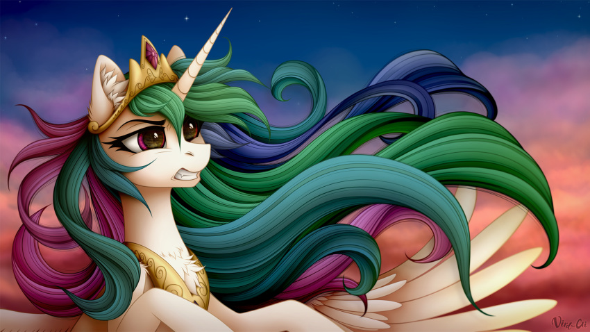 16:9 2019 digital_media_(artwork) equid feathered_wings feathers female feral friendship_is_magic hi_res horn inner_ear_fluff mammal my_little_pony princess_celestia_(mlp) solo vird-gi wallpaper winged_unicorn wings