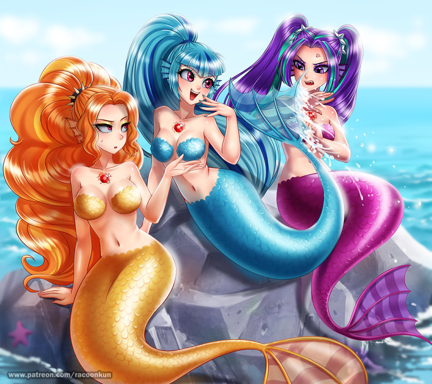 2019 adagio_dazzle_(eg) alternate_species aria_blaze_(eg) blue_hair breasts digital_media_(artwork) equestria_girls female gem group hair long_hair marine merfolk multicolored_hair my_little_pony navel open_mouth orange_hair outside pigtails purple_hair racoon-kun rock sonata_dusk_(eg) two_tone_hair url water