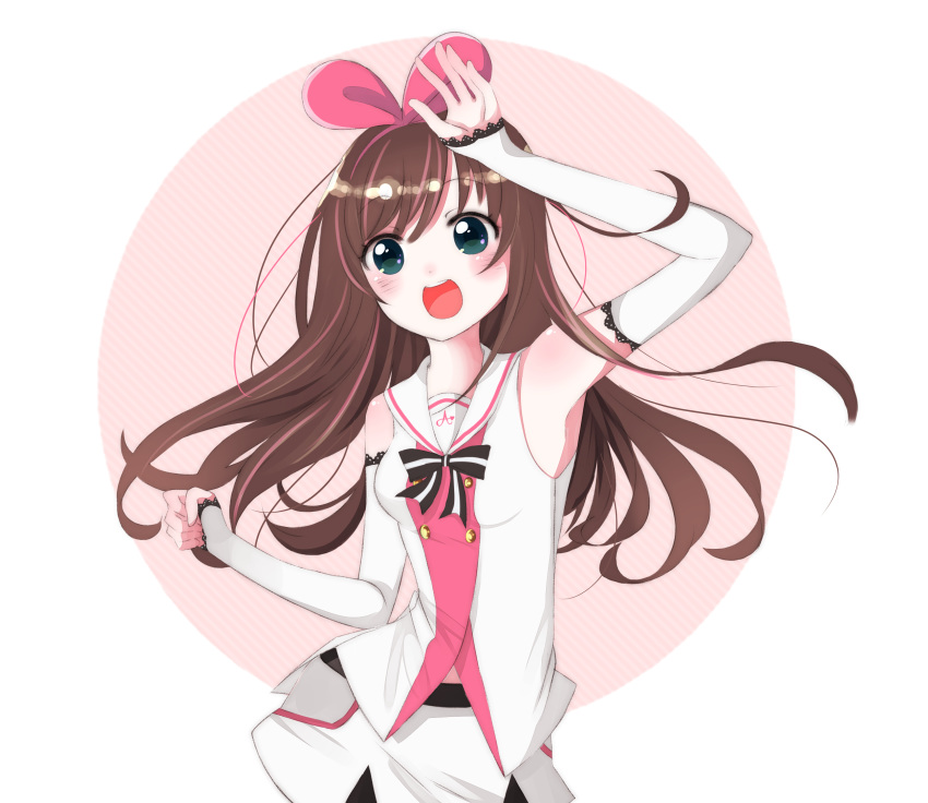 1girl :d a.i._channel arm_up bare_shoulders black_bow blush bow breasts brown_hair commentary_request detached_sleeves diagonal-striped_background diagonal_stripes green_eyes hair_ribbon hairband head_tilt highres hiroshi_(jasinloki) kizuna_ai long_hair long_sleeves multicolored_hair open_mouth pink_background pink_hair pink_hairband pink_ribbon ribbon round_teeth sailor_collar shirt short_shorts shorts sleeveless sleeveless_shirt sleeves_past_wrists small_breasts smile solo streaked_hair striped striped_background striped_bow teeth two-tone_background upper_teeth very_long_hair virtual_youtuber white_background white_sailor_collar white_shirt white_shorts white_sleeves