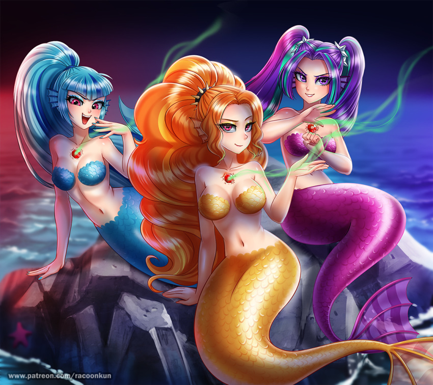 2019 adagio_dazzle_(eg) alternate_species aria_blaze_(eg) blue_hair breasts digital_media_(artwork) equestria_girls female gem group hair long_hair looking_at_viewer marine merfolk multicolored_hair my_little_pony navel open_mouth orange_hair outside pigtails purple_hair racoon-kun rock sonata_dusk_(eg) two_tone_hair url water