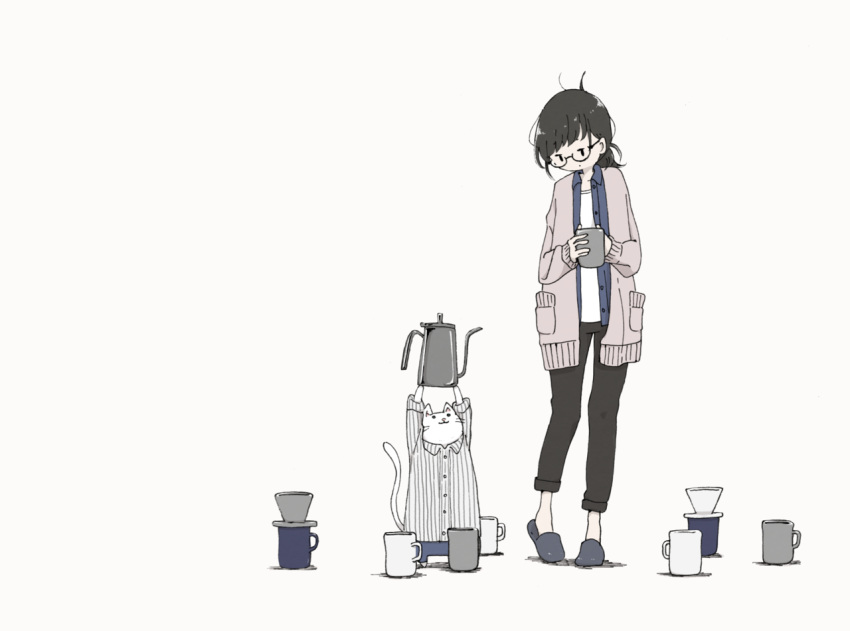 1girl animal bangs black_hair black_pants blue_shirt cat clothed_animal collared_shirt cup east_sha2 glasses holding holding_cup kettle long_sleeves medium_hair no_nose original pants pocket shirt slippers striped striped_shirt tail white_background white_cat white_shirt