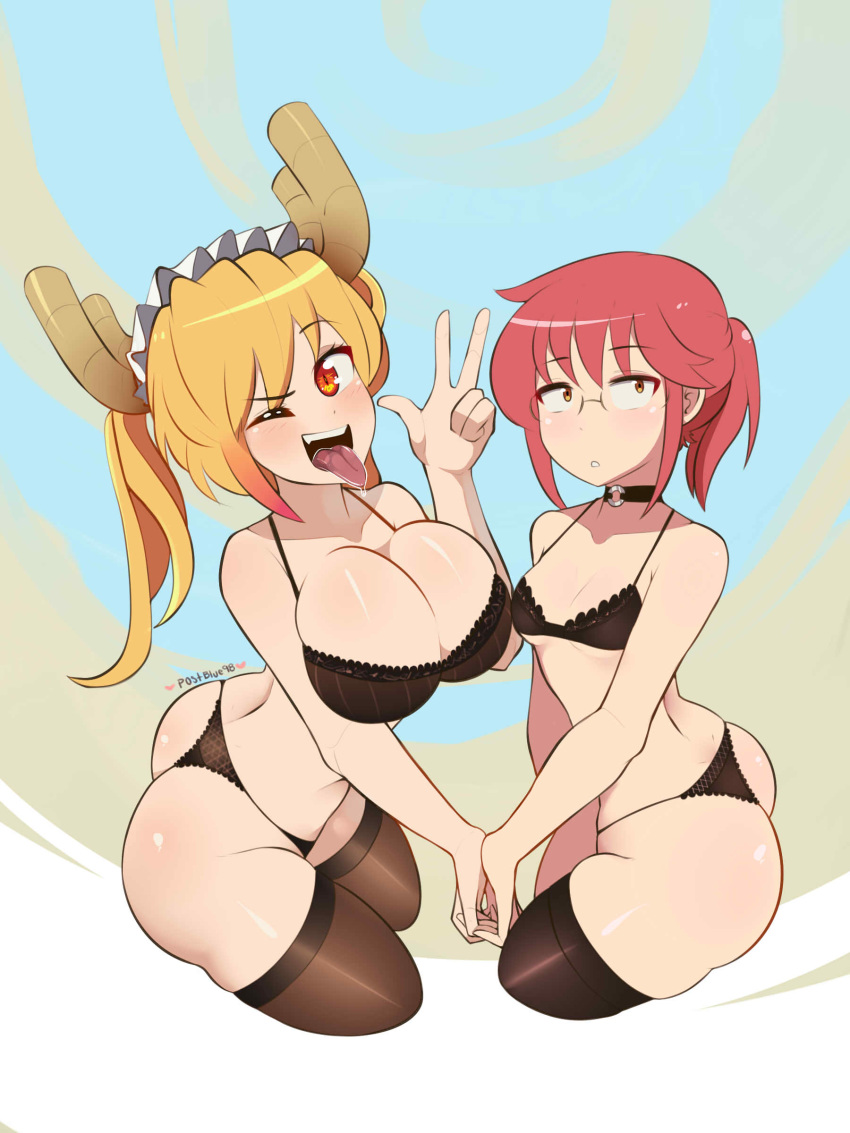 10s 2girls ass bangs bare_arms bare_shoulders blonde_hair blush bra breasts cleavage collarbone dragon_girl dragon_horns dragon_tail eyelashes fang from_behind glasses gradient_hair hair_between_eyes highres horns kobayashi-san_chi_no_maidragon kobayashi_(maidragon) large_breasts legs_together long_hair looking_at_viewer maid_headdress medium_breasts multicolored_hair multiple_girls navel nose one_eye_closed open_mouth orange_eyes panties red_eyes red_hair short_hair slit_pupils smile standing tail tongue tongue_out tooru_(maidragon) twintails underwear underwear_only v