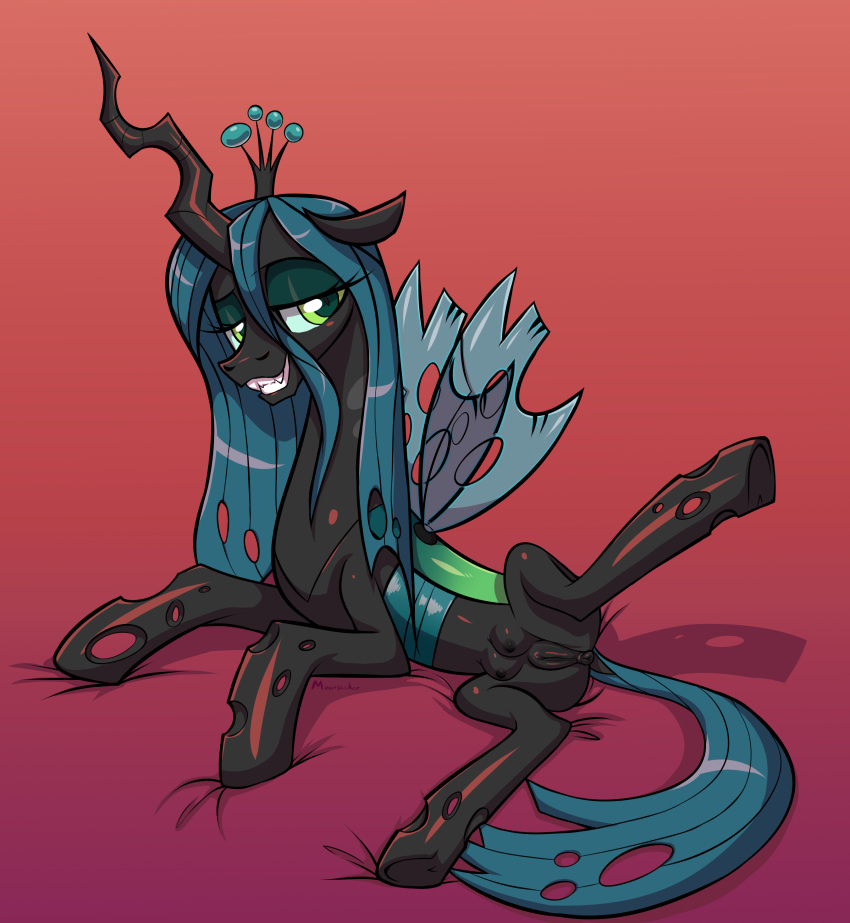 2019 absurd_res anatomically_correct animal_genitalia animal_pussy changeling crown edit equine_pussy fangs female friendship_is_magic hi_res horn looking_at_viewer lying mane my_little_pony my_little_pony:friendship_is_magic nipples on_side pussy queen_chrysalis_(mlp) raised_brow seductive simple_background sketchy_skylar smile solo teats wings