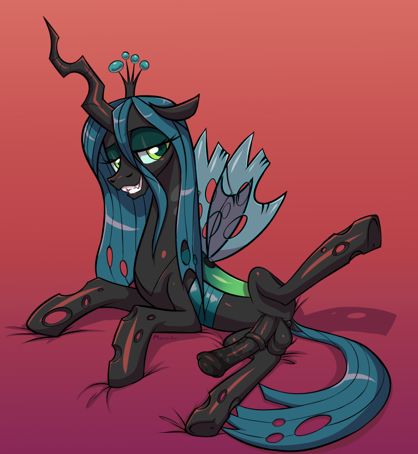 2019 absurd_res animal_genitalia animal_penis changeling crown edit equine_penis fangs friendship_is_magic hi_res horn looking_at_viewer lying mane my_little_pony my_little_pony:friendship_is_magic on_side penis queen_chrysalis_(mlp) raised_brow seductive simple_background sketchy_skylar smile solo wings