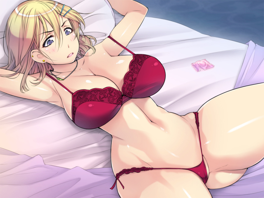 1girl bed blonde_hair bracelet breasts cleavage earrings hair_ornament hairclip jewelry large_breasts long_hair original pubic_hair purple_eyes spread_legs yoko_juusuke