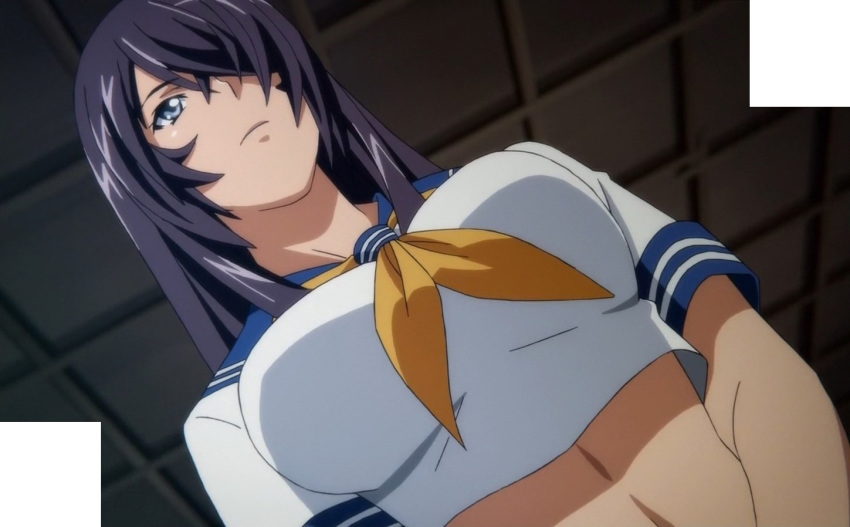 10s 1girl breasts crop_top grey_eyes hair_over_one_eye ikkitousen kan'u_unchou large_breasts long_hair school_uniform screencap stitched third-party_edit uniform