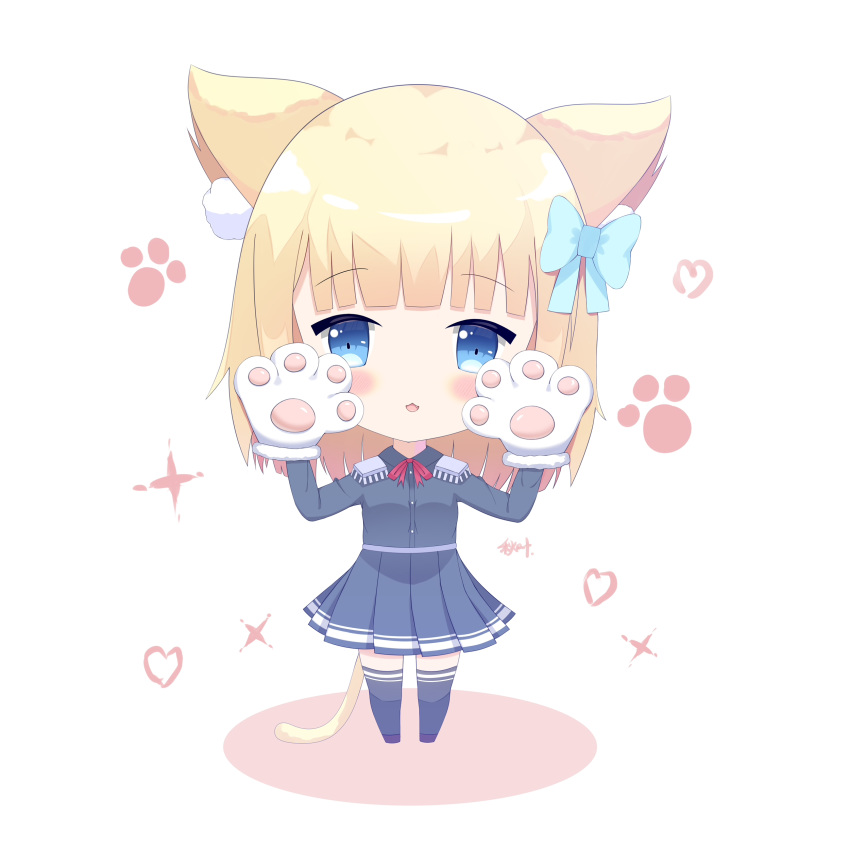 1girl :3 absurdres animal_ear_fluff animal_ears bangs blonde_hair blue_bow blue_eyes blue_jacket blue_legwear blue_skirt blunt_bangs blush bow cat_ears cat_girl cat_tail chibi colored_shadow commentary_request epaulettes eyebrows_visible_through_hair fang fur-trimmed_gloves fur_trim gloves hair_bow hands_up heart highres jacket liang_feng_qui_ye long_hair long_sleeves neck_ribbon parted_lips paw_gloves paws pleated_skirt purple_footwear red_ribbon ribbon rukiroki sasugano_roki shadow skirt smile solo sparkle standing tail thighhighs virtual_youtuber white_background white_gloves