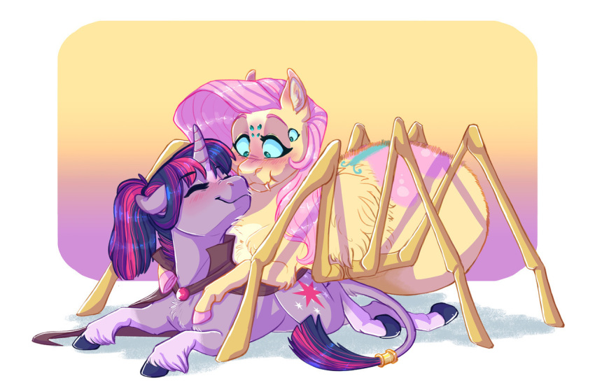 arachnid arthropod blue_eyes blush cloak clothing duo earthsong9405 equid equine fangs fluttershy_(mlp) friendship_is_magic hair horn horse hybrid lying mammal my_little_pony pink_hair pony purple_hair spider twilight_sparkle_(mlp) unicorn