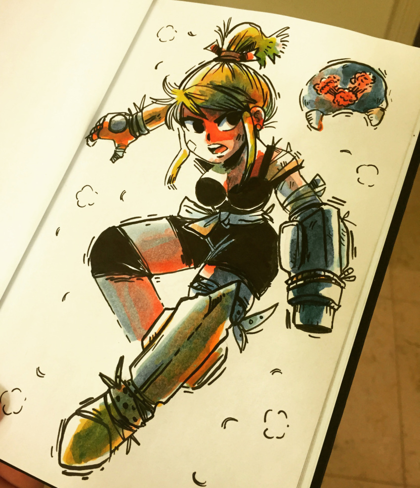 1girl alien arm_cannon armor bandages bandaid blonde_hair breasts cleavage female grass looking_at_another metroid metroid_(creature) nintendo ponytail real_life samus_aran scar sharp_teeth sketch sketchbook smoke spats teeth tied tied_hair toonimated watercolor_(artwork)